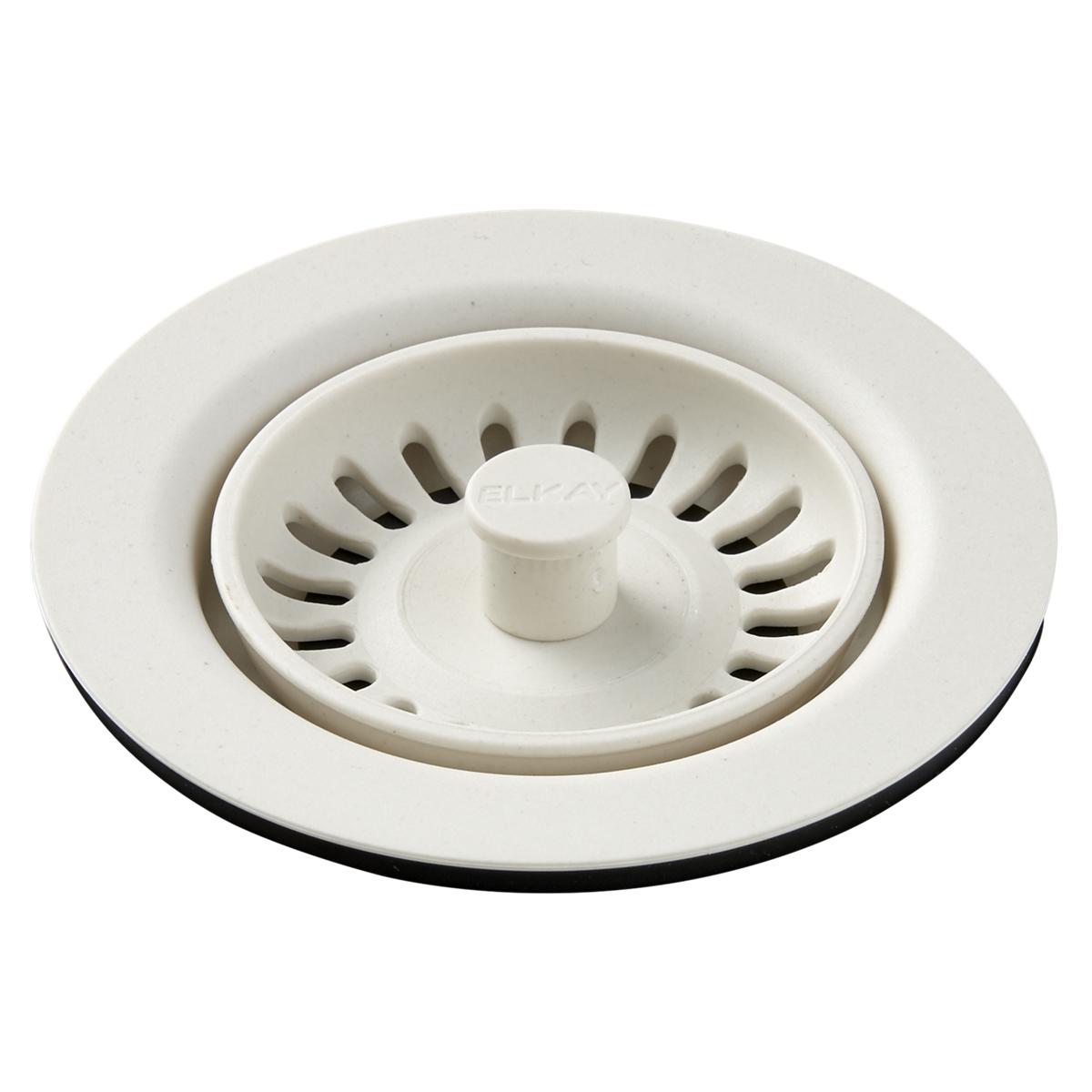Parchment polymer drain fitting with circular basket strainer and central rubber stopper component.