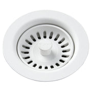 White polymer drain fitting with removable basket strainer and central post, viewed from above.