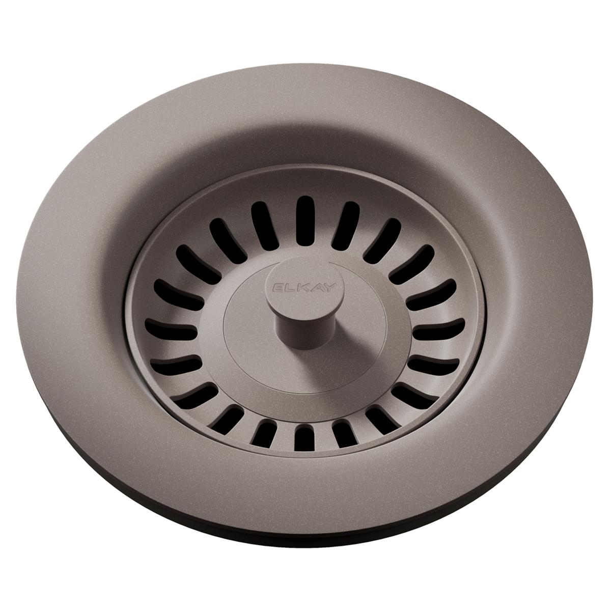 Silvermist polymer drain fitting with basket strainer and removable center knob for sink installation.