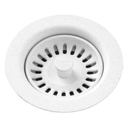White polymer drain fitting with removable basket strainer featuring black drainage slots and center post.
