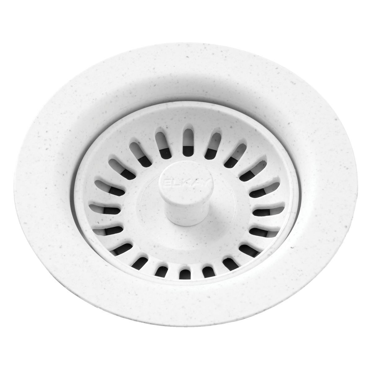 White polymer drain fitting with removable basket strainer featuring black drainage slots and center post.