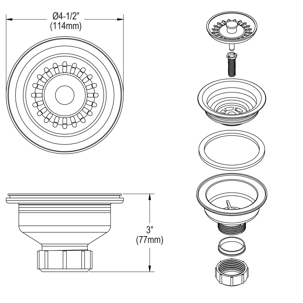 Black polymer drain fitting with removable basket strainer, rubber stopper, and component parts shown in top, side, and explo