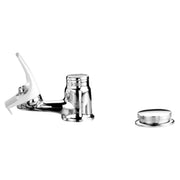 Chrome water fountain bubbler with white lever handle and circular push button activation pedal.