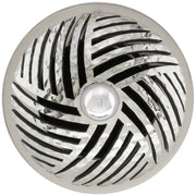 Polished stainless steel sink strainer with herringbone pattern grid and center post.