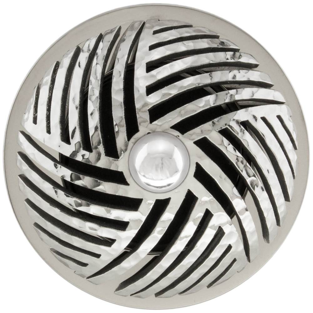 Polished stainless steel sink strainer with herringbone pattern grid and center post.