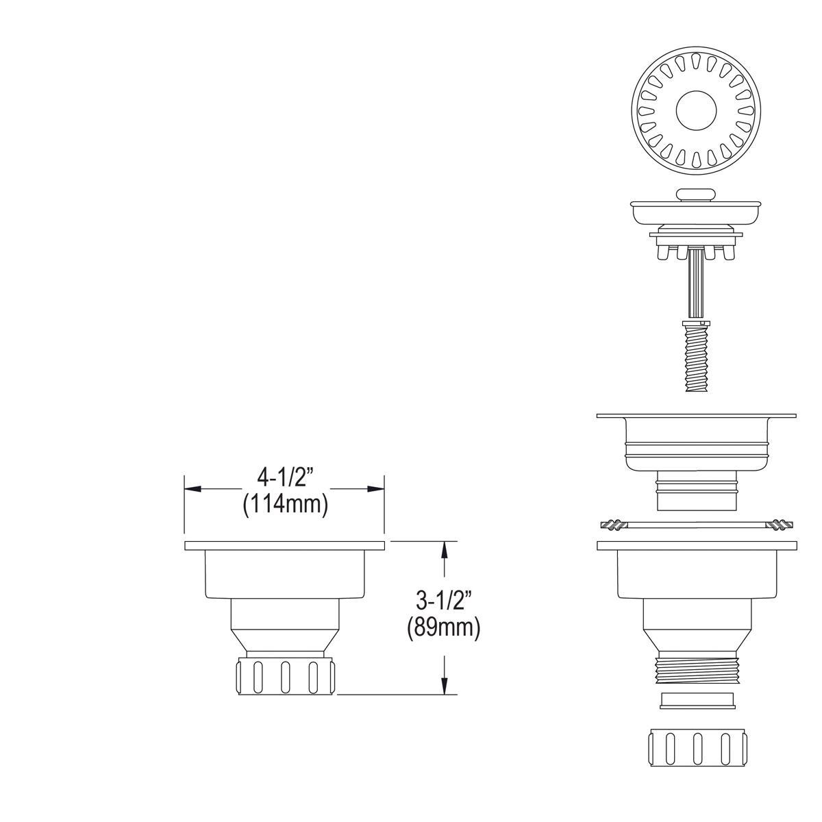 Antique steel drain fitting assembly with perforated basket, rubber stopper, and threaded body components shown in technical 