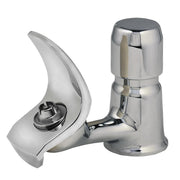 Stainless steel water fountain with curved basin on left and cylindrical top unit with lever handle on right.