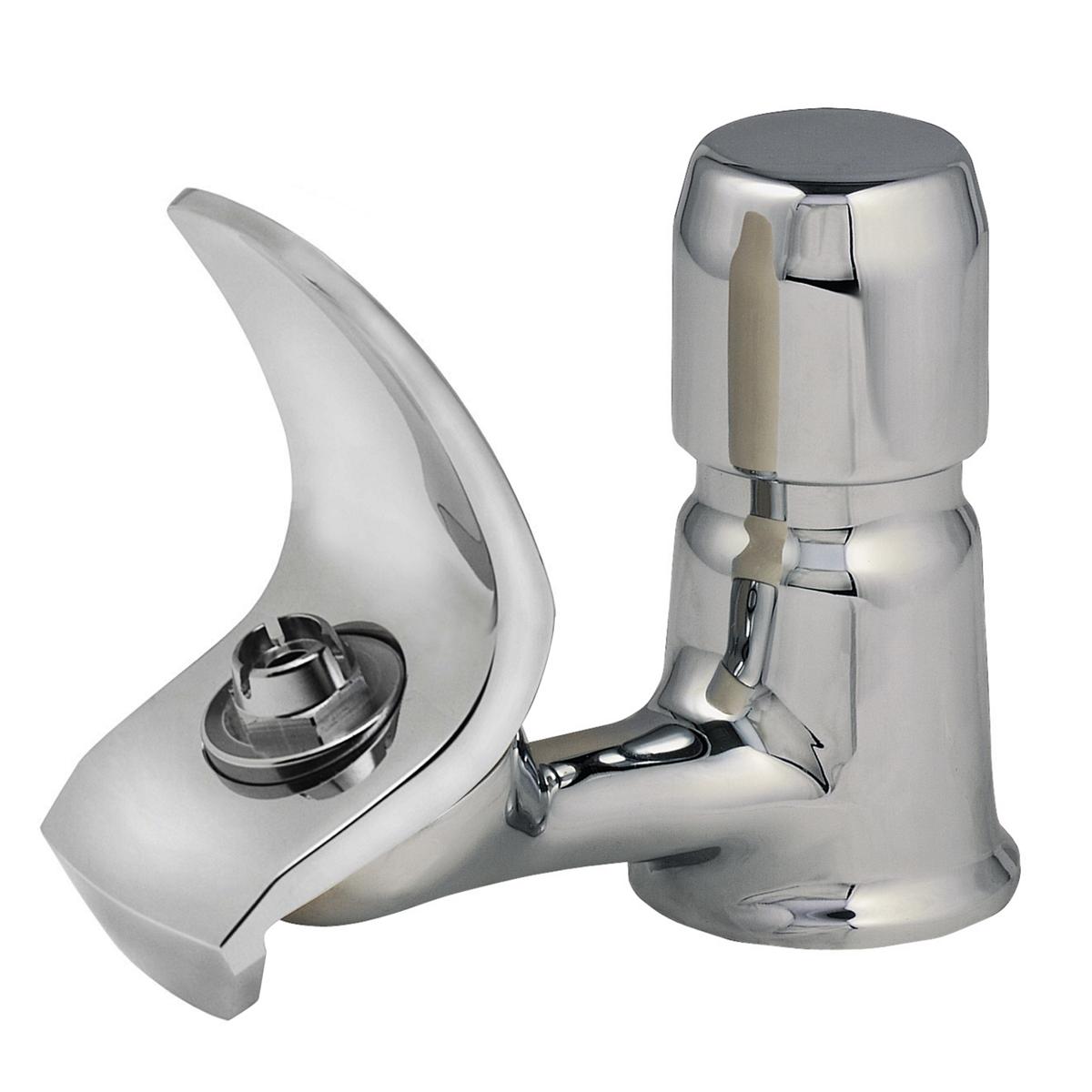 Stainless steel water fountain with curved basin on left and cylindrical top unit with lever handle on right.