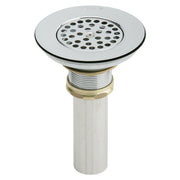 Stainless steel grid strainer with circular perforated top, threaded metal collar, and white vinyl drain body.
