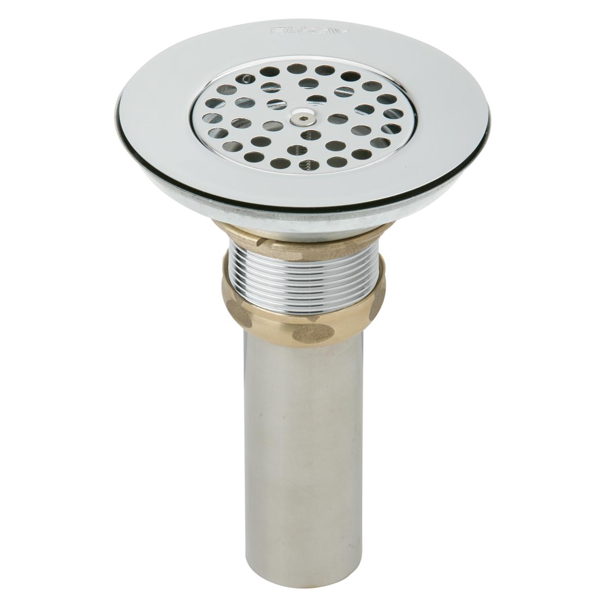 Stainless steel vandal-resistant bubbler with perforated circular head and threaded brass coupling on vertical pipe.