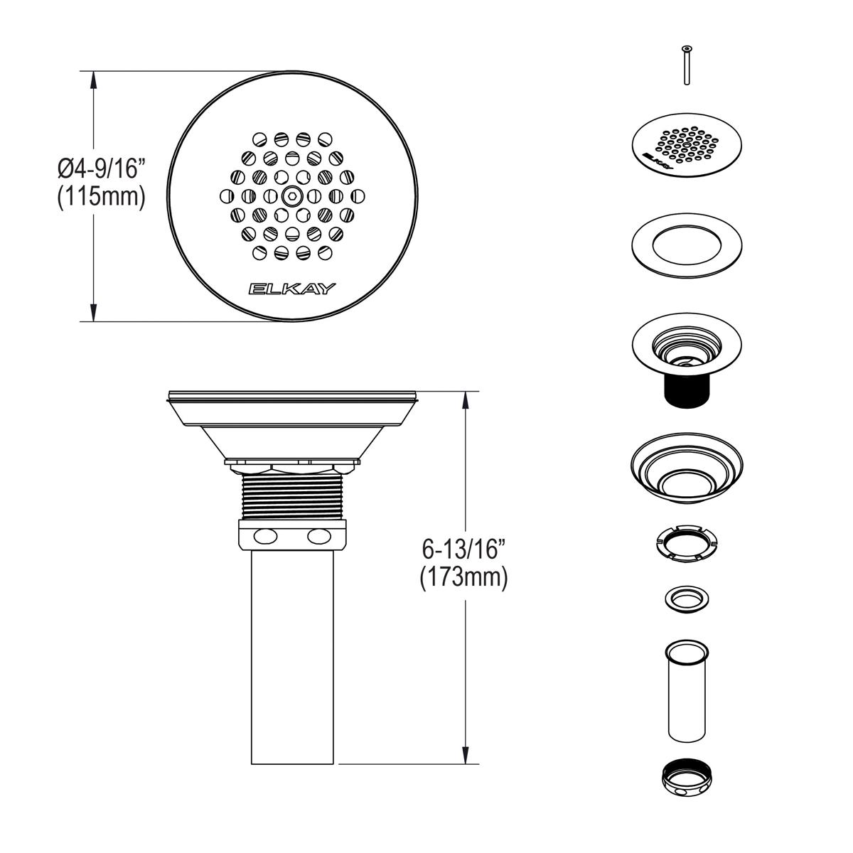 Elkay 3-1/2" Drain Type 304 Stainless Steel Body Vandal Resistant Grid Strainer