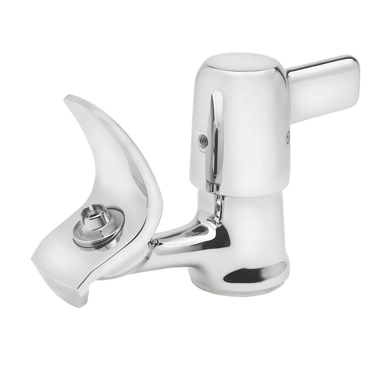 White water bubbler with curved drinking spout on left and lever handle on right side.