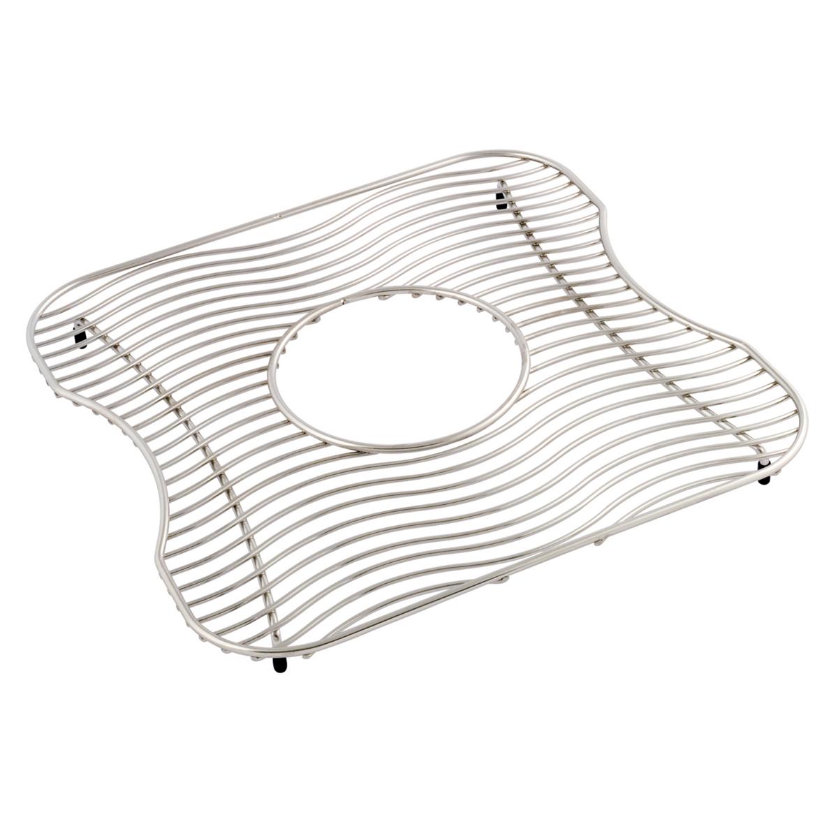 Stainless steel sink grid with parallel wire design and center drain opening, supported by black rubber feet.