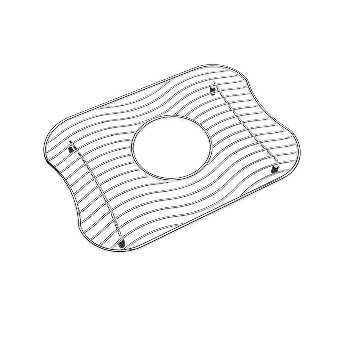 Stainless steel sink grid with parallel slats and center drain hole, featuring four mounting feet on corners.