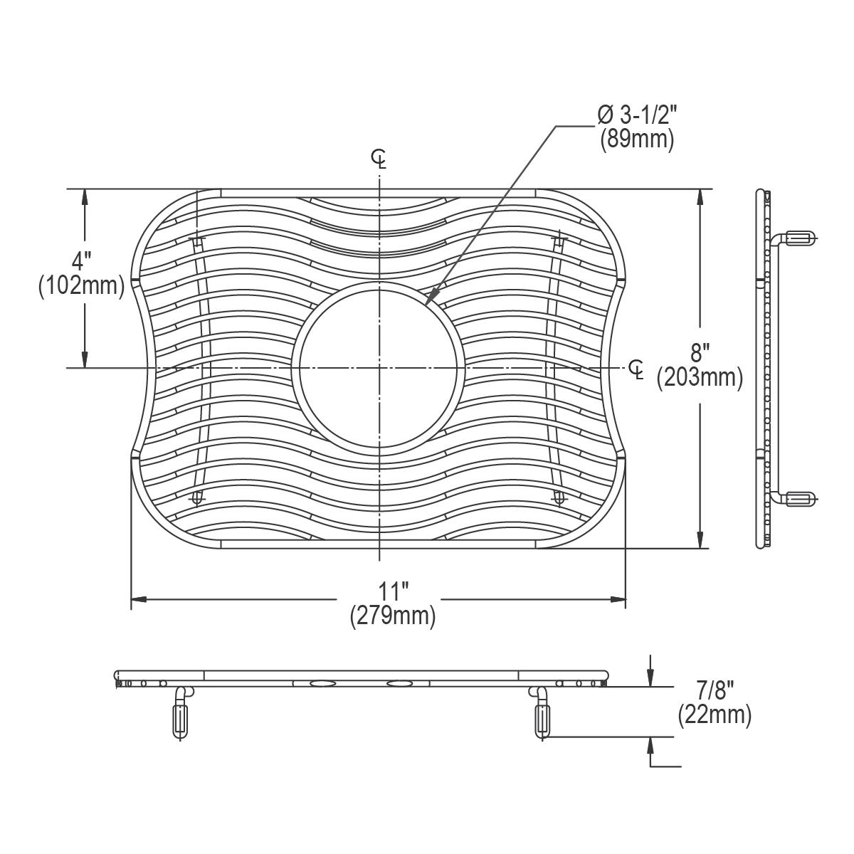 Stainless steel bottom grid with wavy parallel bars and center drain hole, 11" x 8" with mounting brackets.