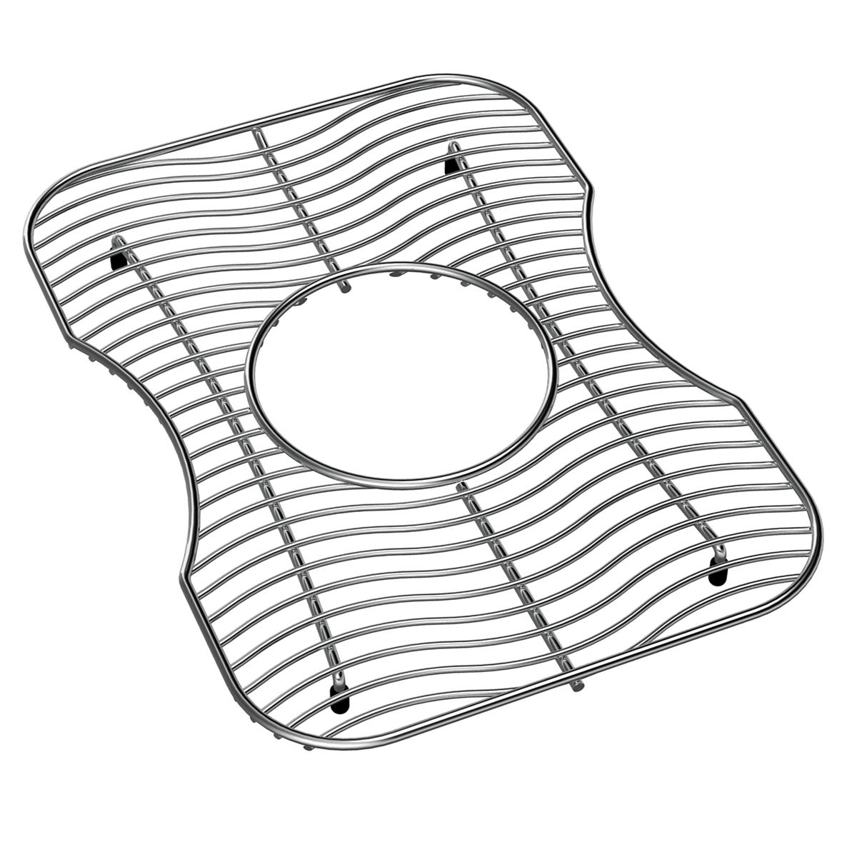 Stainless steel sink grid with wave pattern, central oval opening, and rubber feet for sink bottom protection.