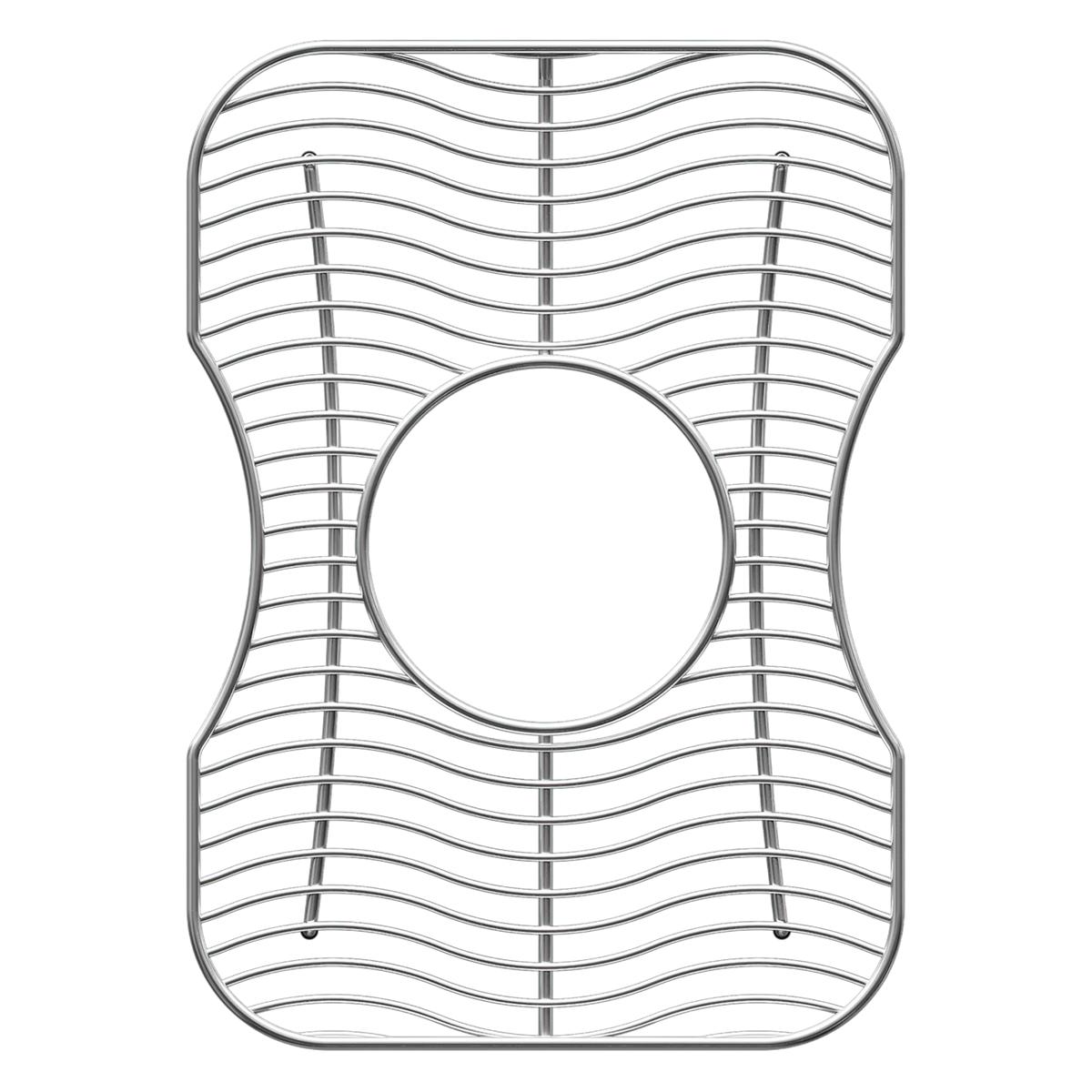 Stainless steel sink bottom grid with wavy parallel bars and central circular opening.