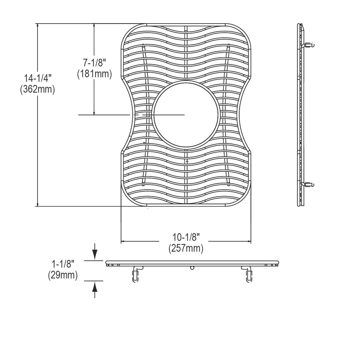 Stainless steel sink bottom grid with wavy slat design and center drain opening, shown in top and side views with dimensions.