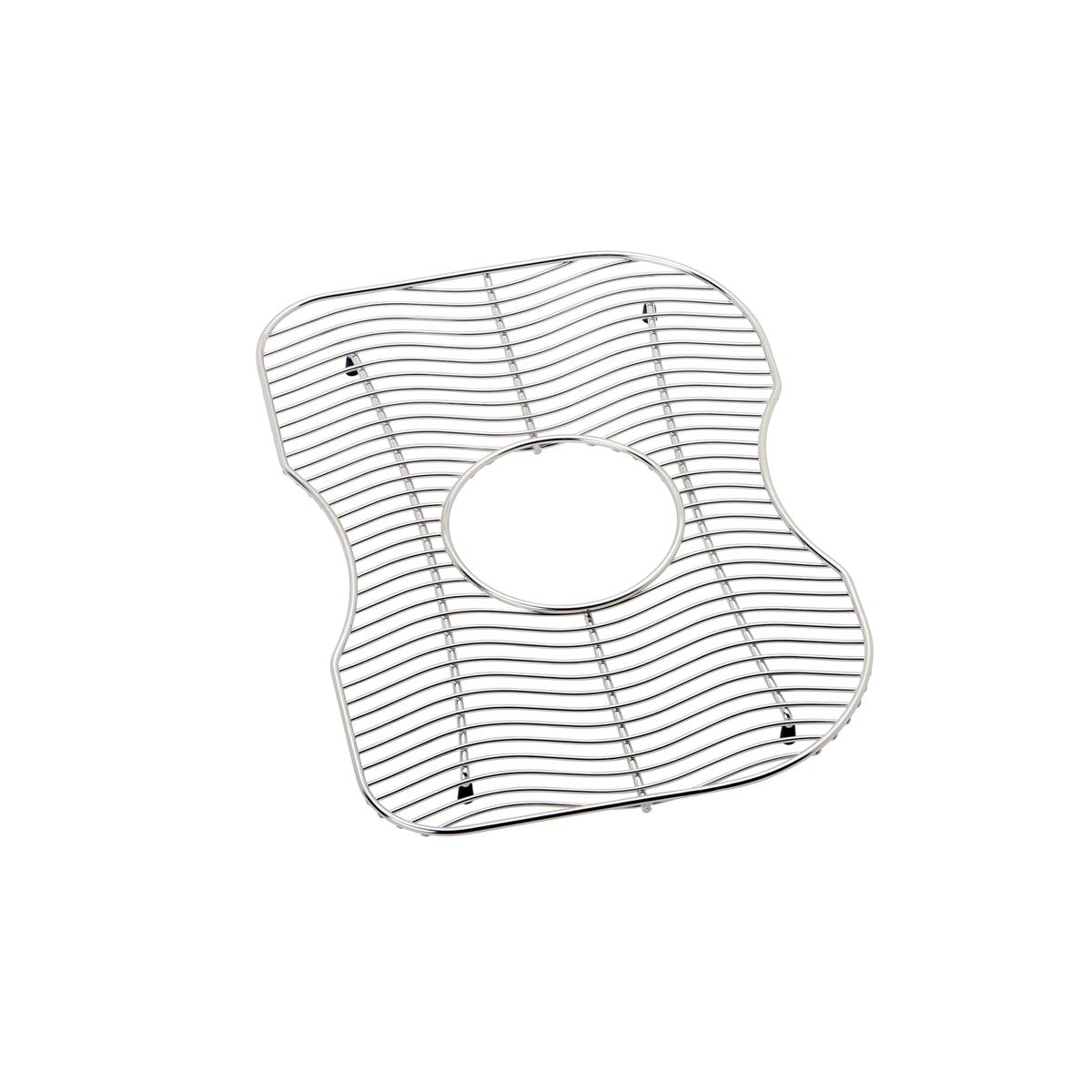 Stainless steel bottom grid with wavy pattern, center drain opening, and four corner mounting feet.
