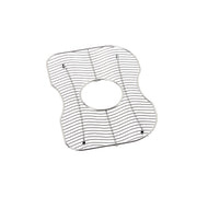 Stainless steel bottom grid with wavy pattern, center drain opening, and four corner mounting feet.