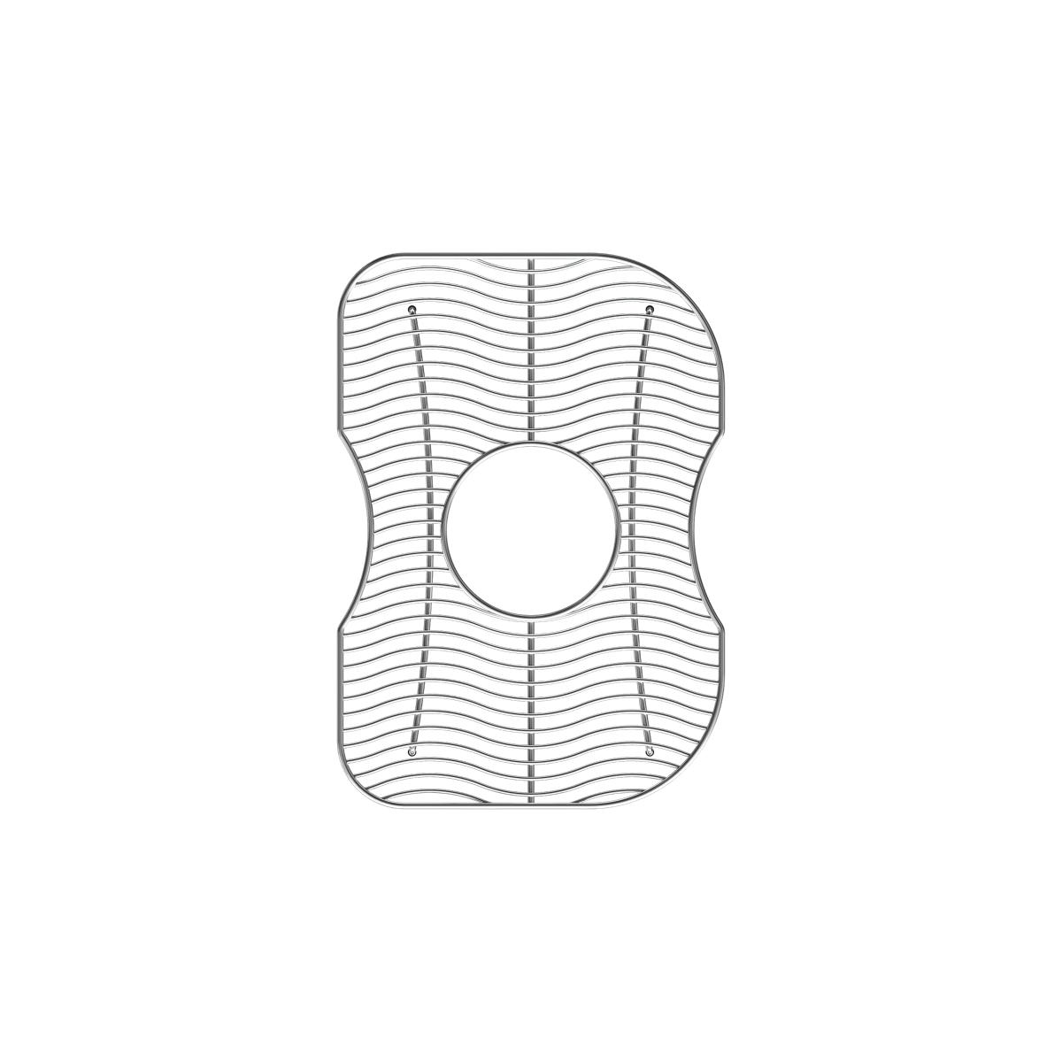 Stainless steel sink bottom grid with wavy parallel slats and circular center cutout.