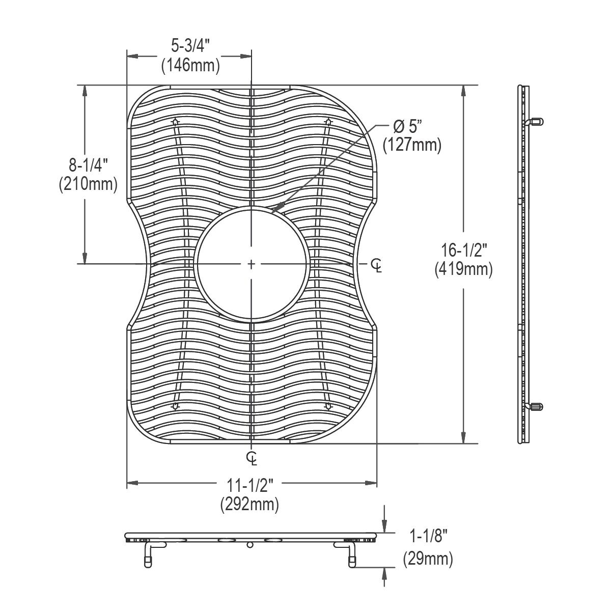 Stainless steel sink bottom grid with wave pattern and center drain hole, dimensions 11-1/2" x 16-1/2".