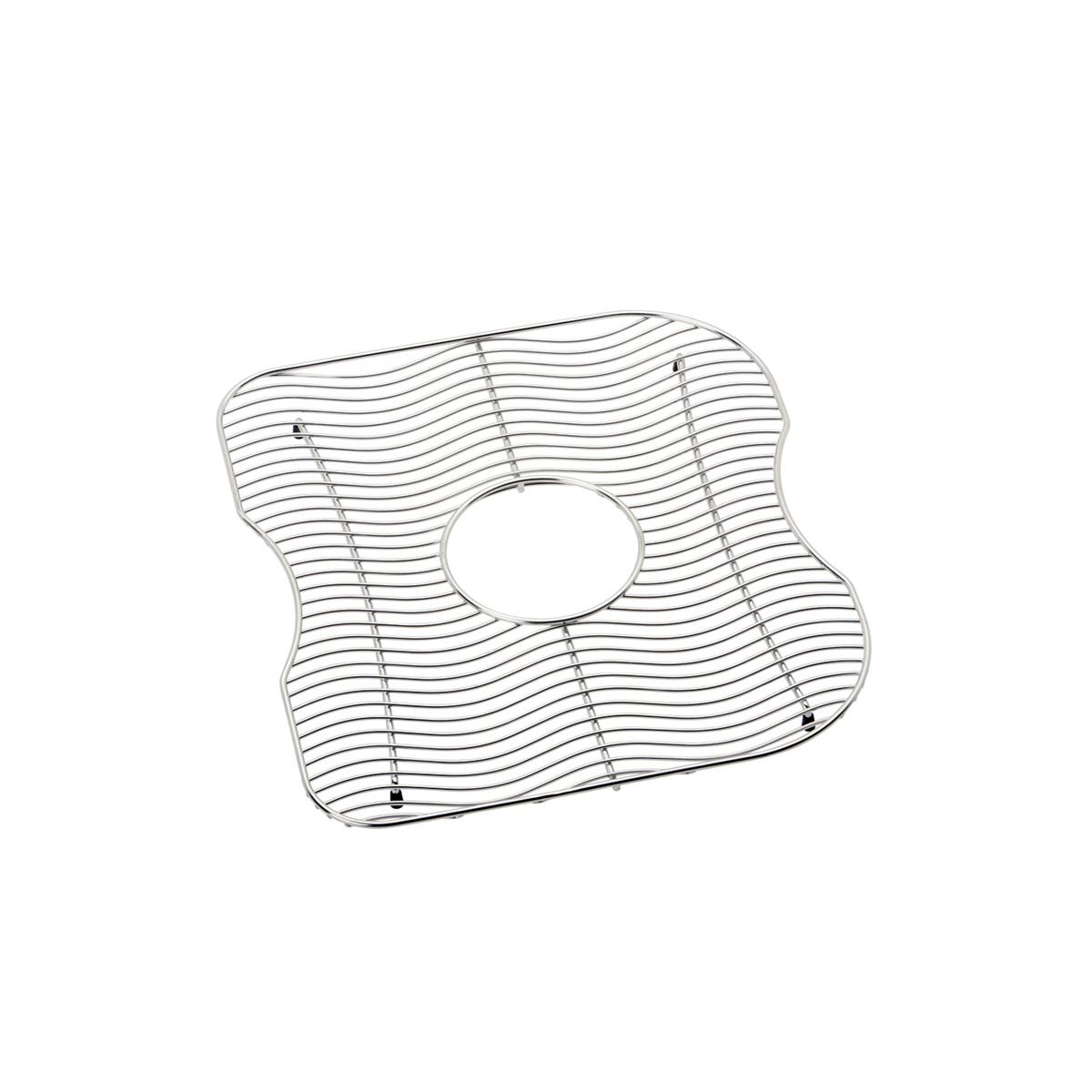 Stainless steel sink grid with wavy wire pattern and center drain hole, mounted with small feet.