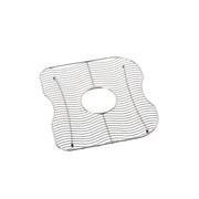 Stainless steel sink grid with wavy wire pattern and center drain hole, mounted with small feet.