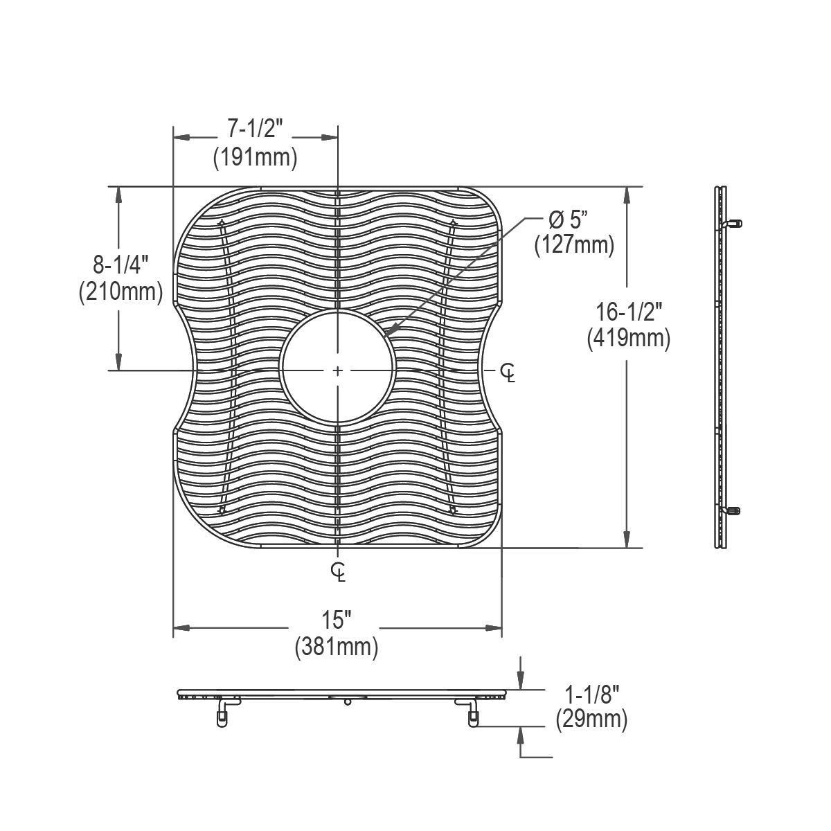 Stainless steel bottom grid with wavy parallel lines, center drain hole, and mounting feet, shown in top and side views with 