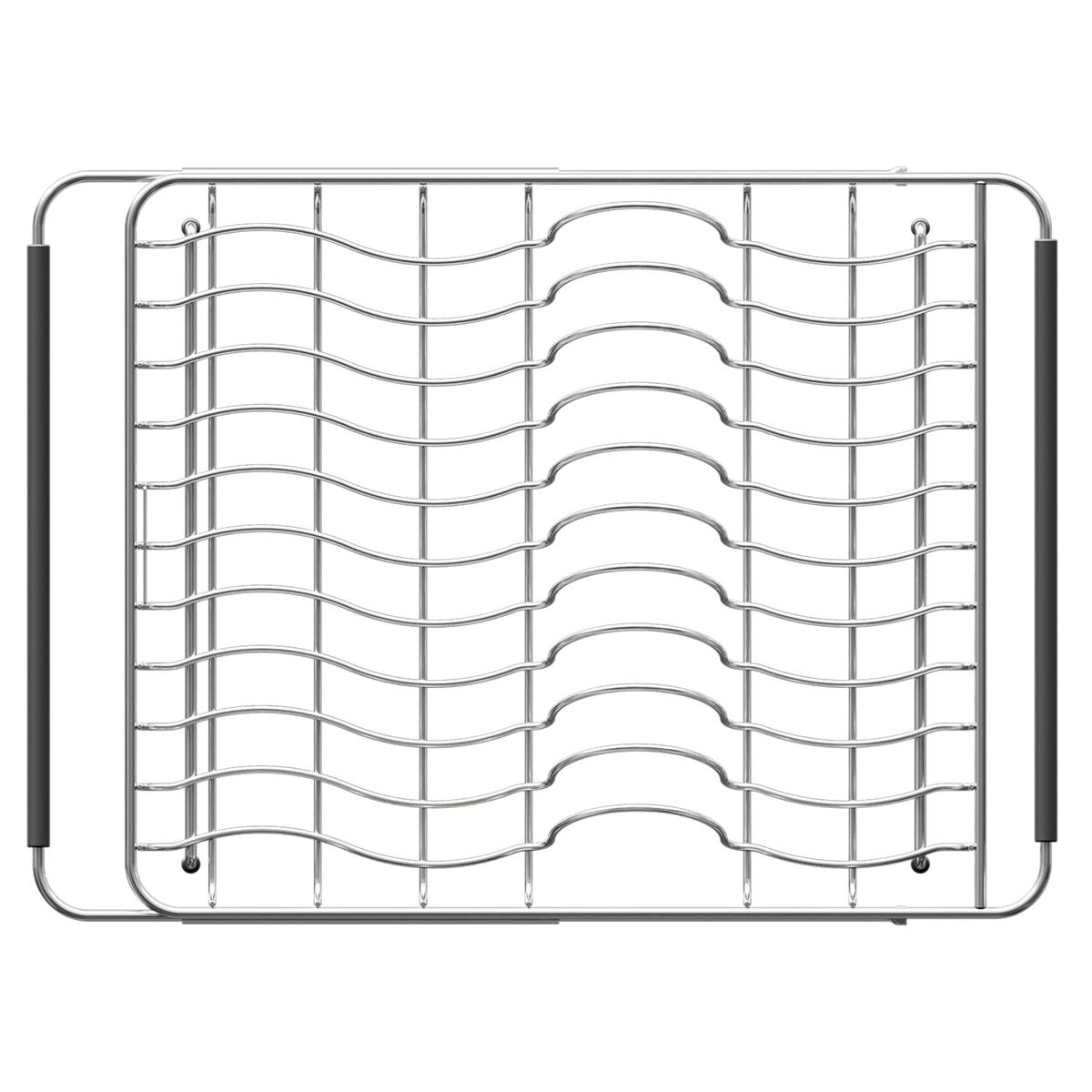 Stainless steel rinsing basket with wavy wire dividers and black grip handles on sides.
