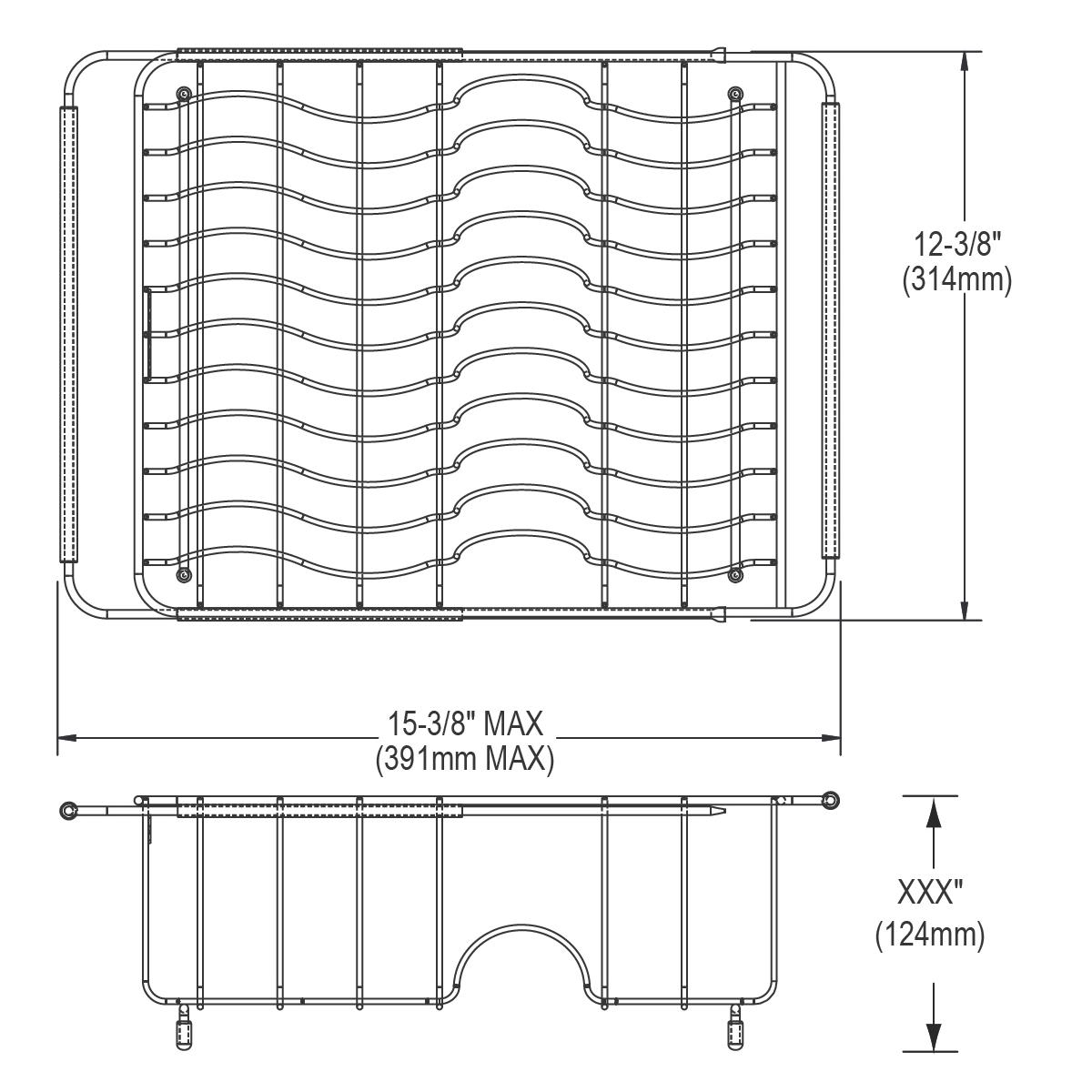 Stainless steel rinsing basket with wavy wire dividers and rounded corners, shown in top and side view technical drawings.