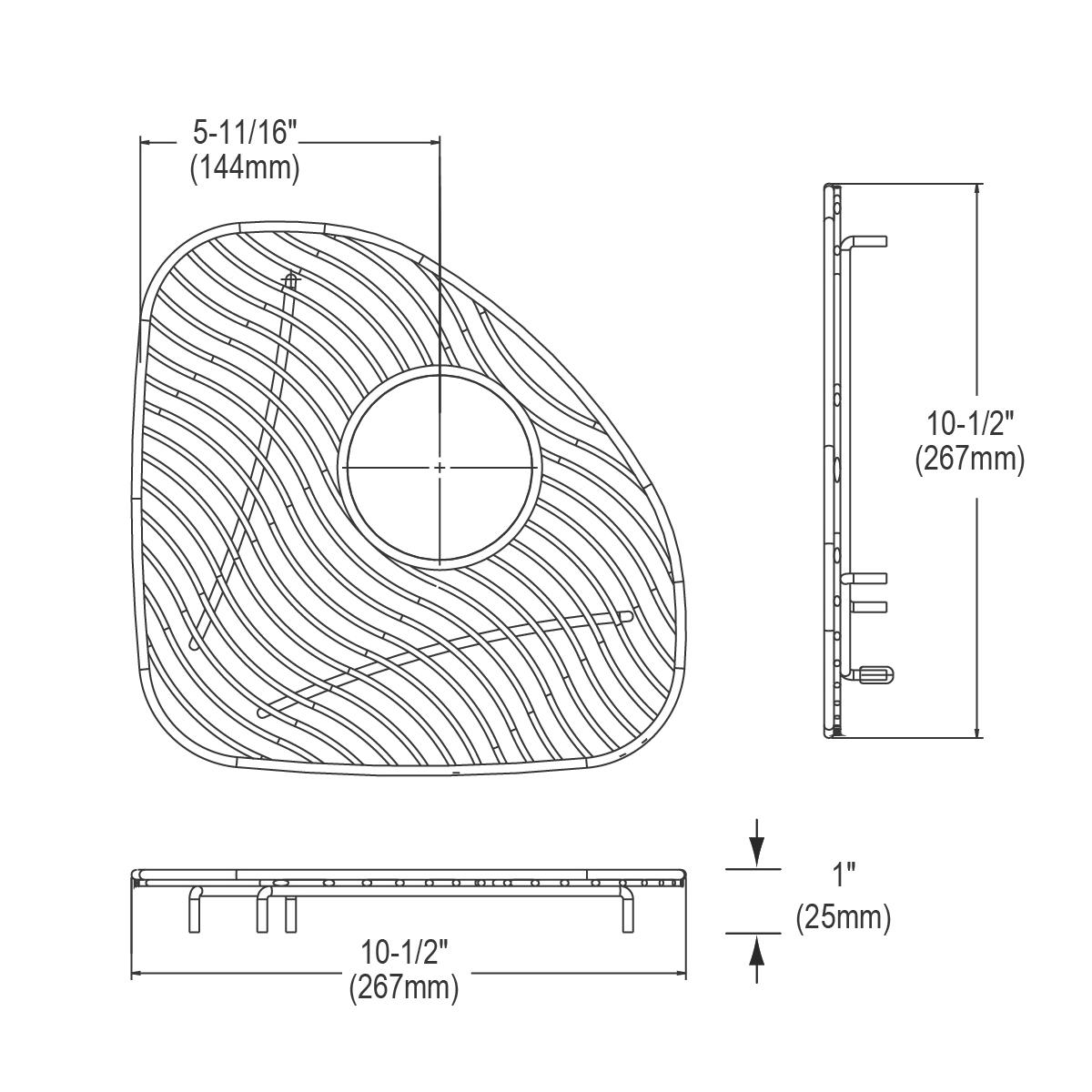 Stainless steel sink bottom grid with curved pattern and center drain hole, featuring mounting clips on underside.