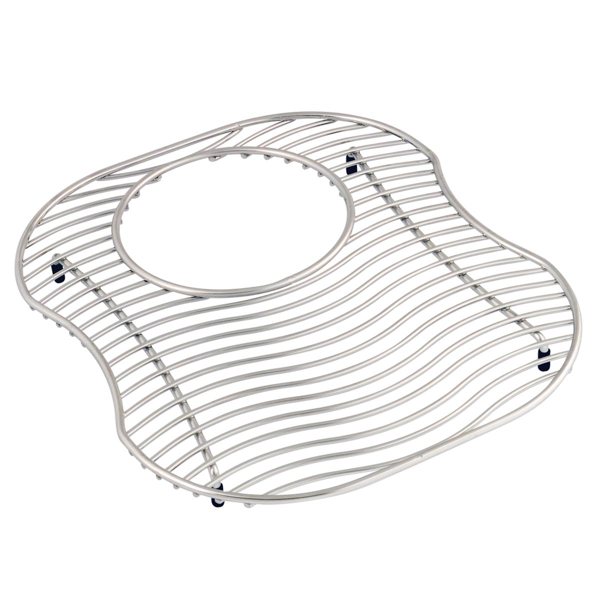 Stainless steel sink grid with curved parallel bars and center opening, featuring rubber feet for stability.