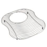Stainless steel sink grid with curved parallel bars and center opening, featuring rubber feet for stability.