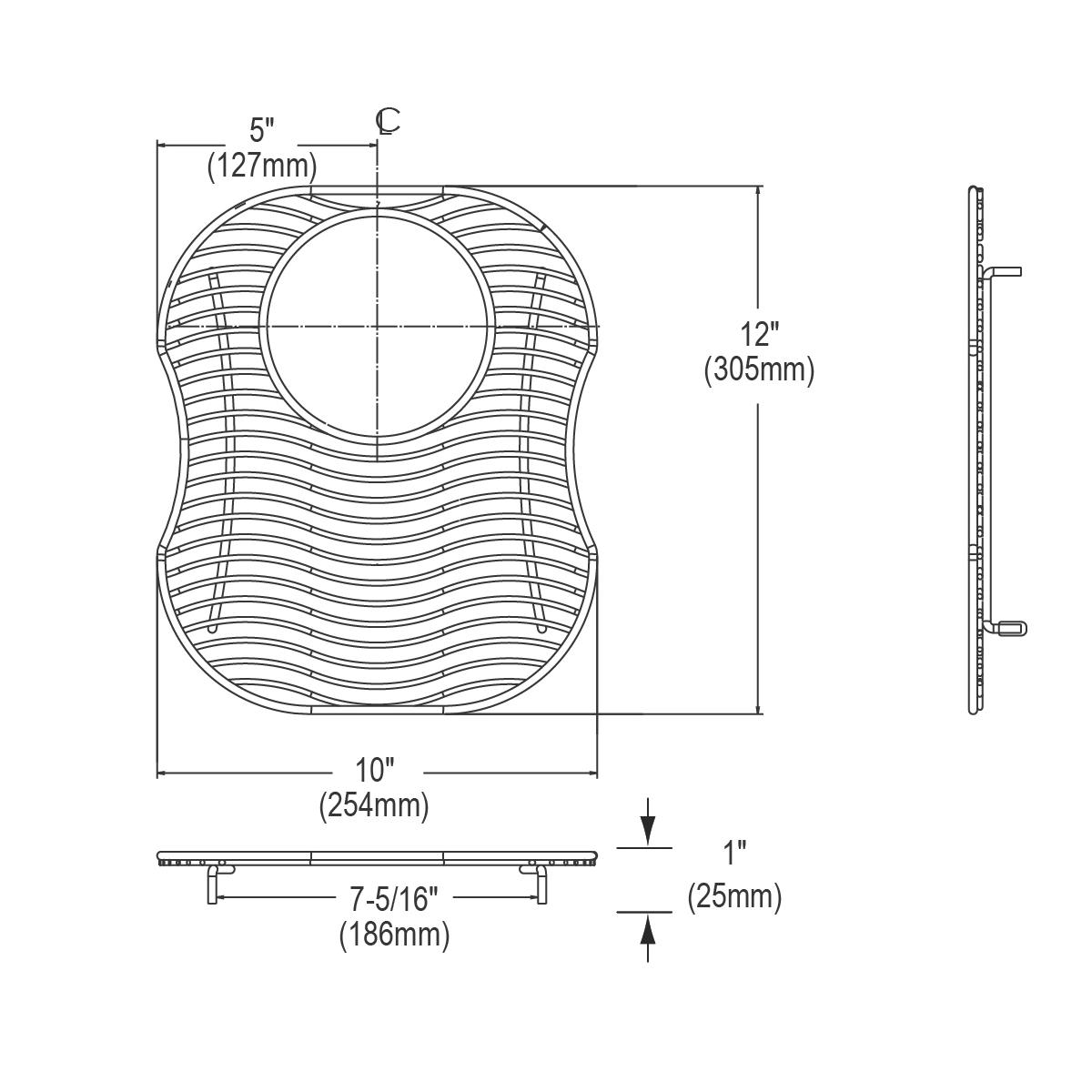 Stainless steel sink bottom grid with wave pattern and circular center opening, 10" x 12" x 1" depth.
