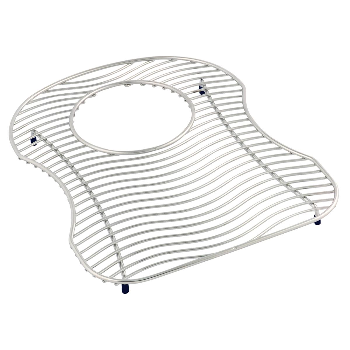 Stainless steel sink grid with parallel bars and curved edges, featuring a central oval opening and four rubber feet.
