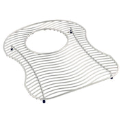 Stainless steel sink grid with parallel bars and curved edges, featuring a central oval opening and four rubber feet.