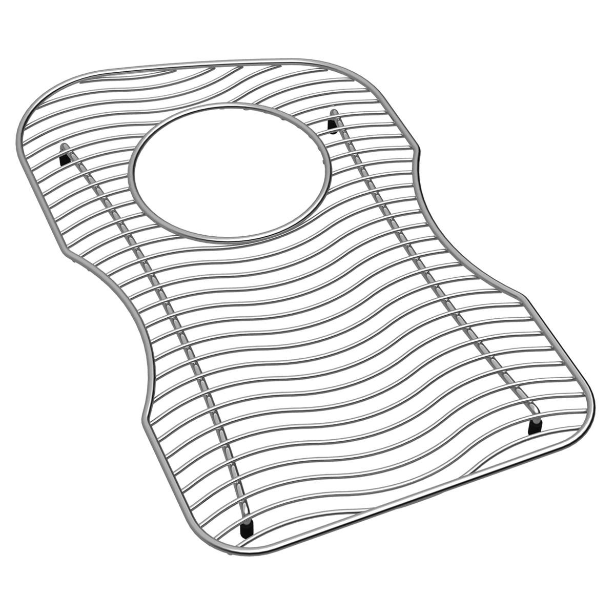 Stainless steel sink grid with curved wavy slat design and circular drain opening, fitted with four rubber feet.