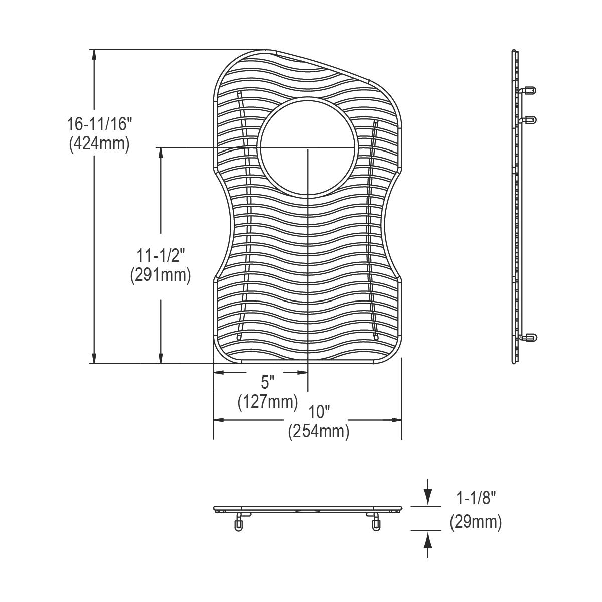 Stainless steel sink bottom grid with wavy parallel lines and central circular opening, shown from front and side views with 