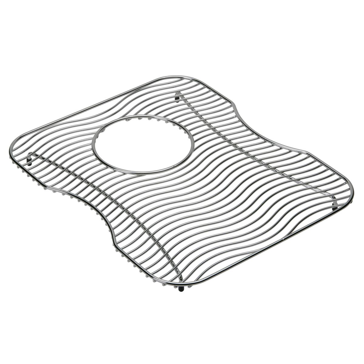 Stainless steel sink grid with parallel slats and circular drain opening, designed to fit in double bowl undermount sink.