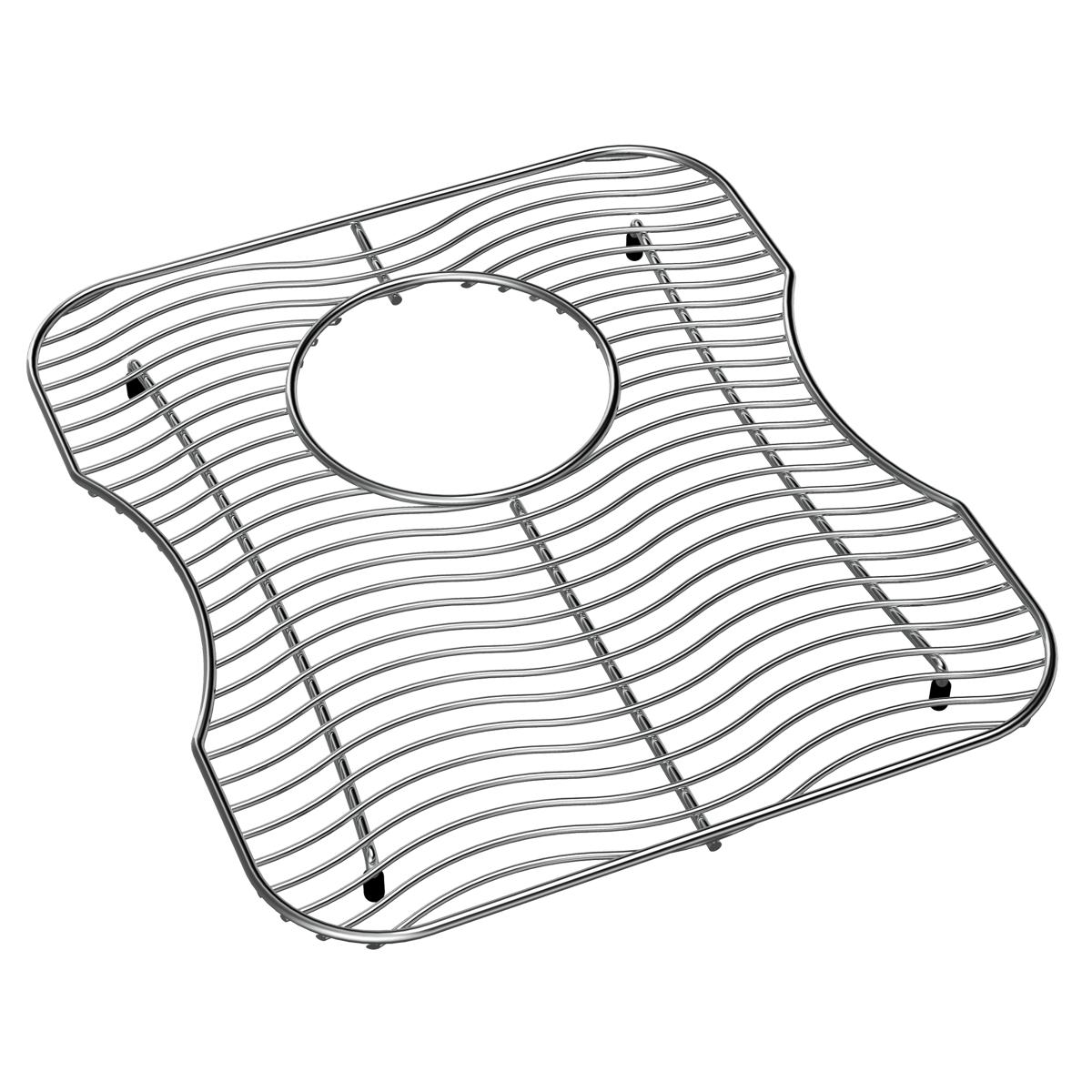 Stainless steel sink grid with parallel wire design, circular center cutout, and rubber feet for sink basin protection.