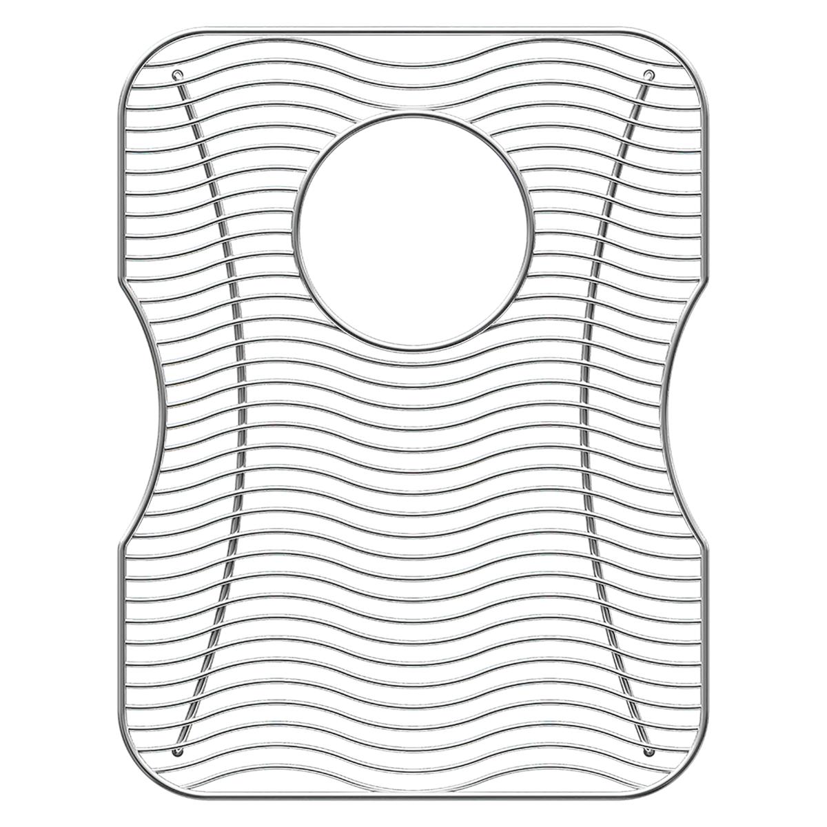 Stainless steel sink grid with wavy parallel lines and circular center cutout, measuring 13" x 17" x 1".