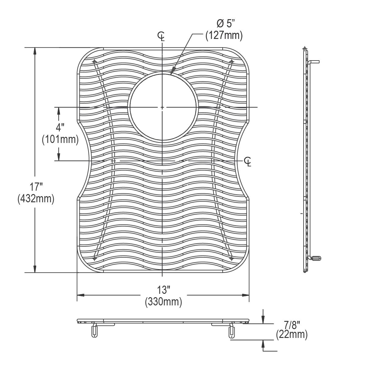 Stainless steel sink bottom grid with wavy pattern, central drain hole, and mounting feet, measuring 13" x 17".