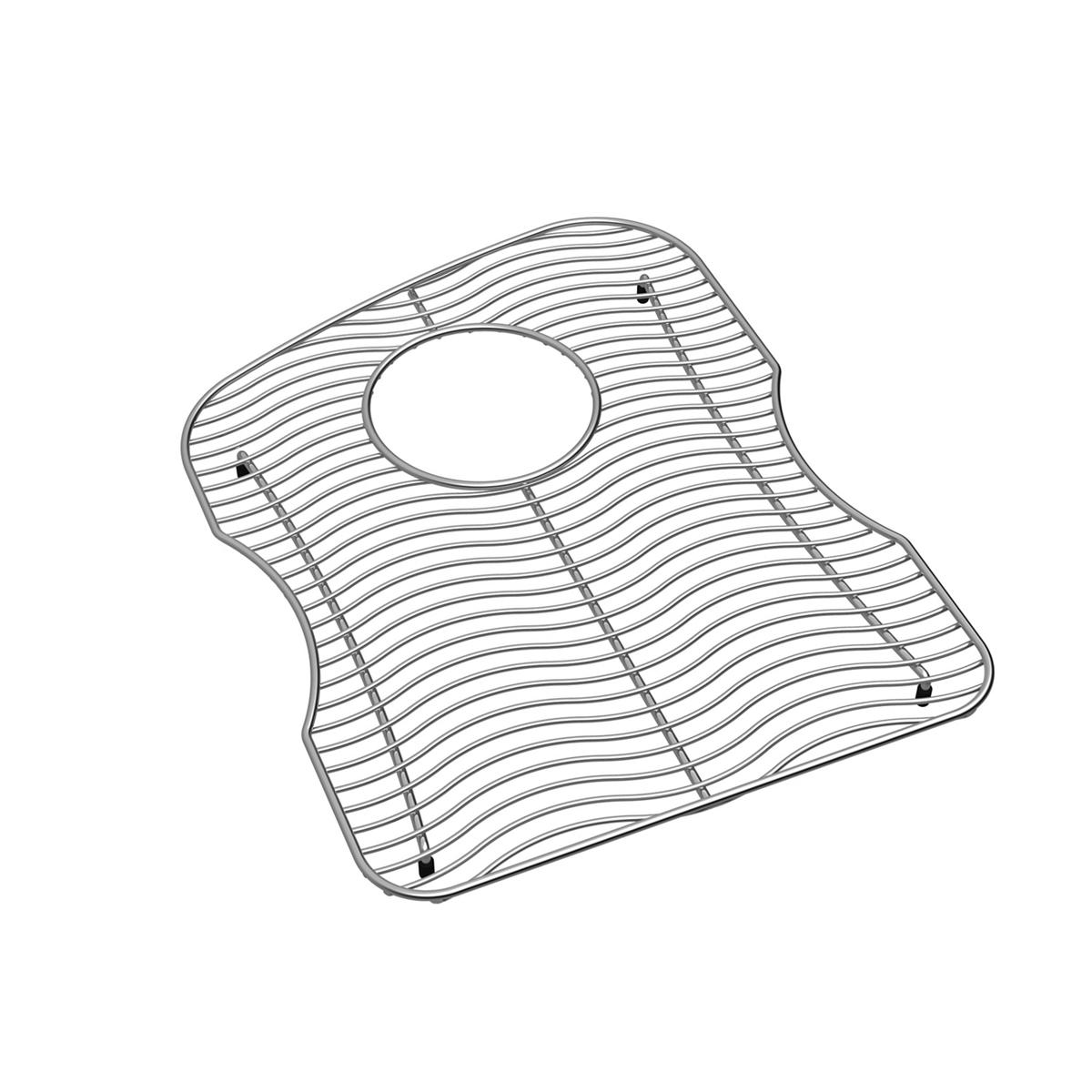 Stainless steel sink grid with parallel wire construction, circular drain opening, and corner feet.