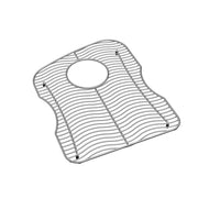 Stainless steel sink grid with parallel wire construction, circular drain opening, and corner feet.