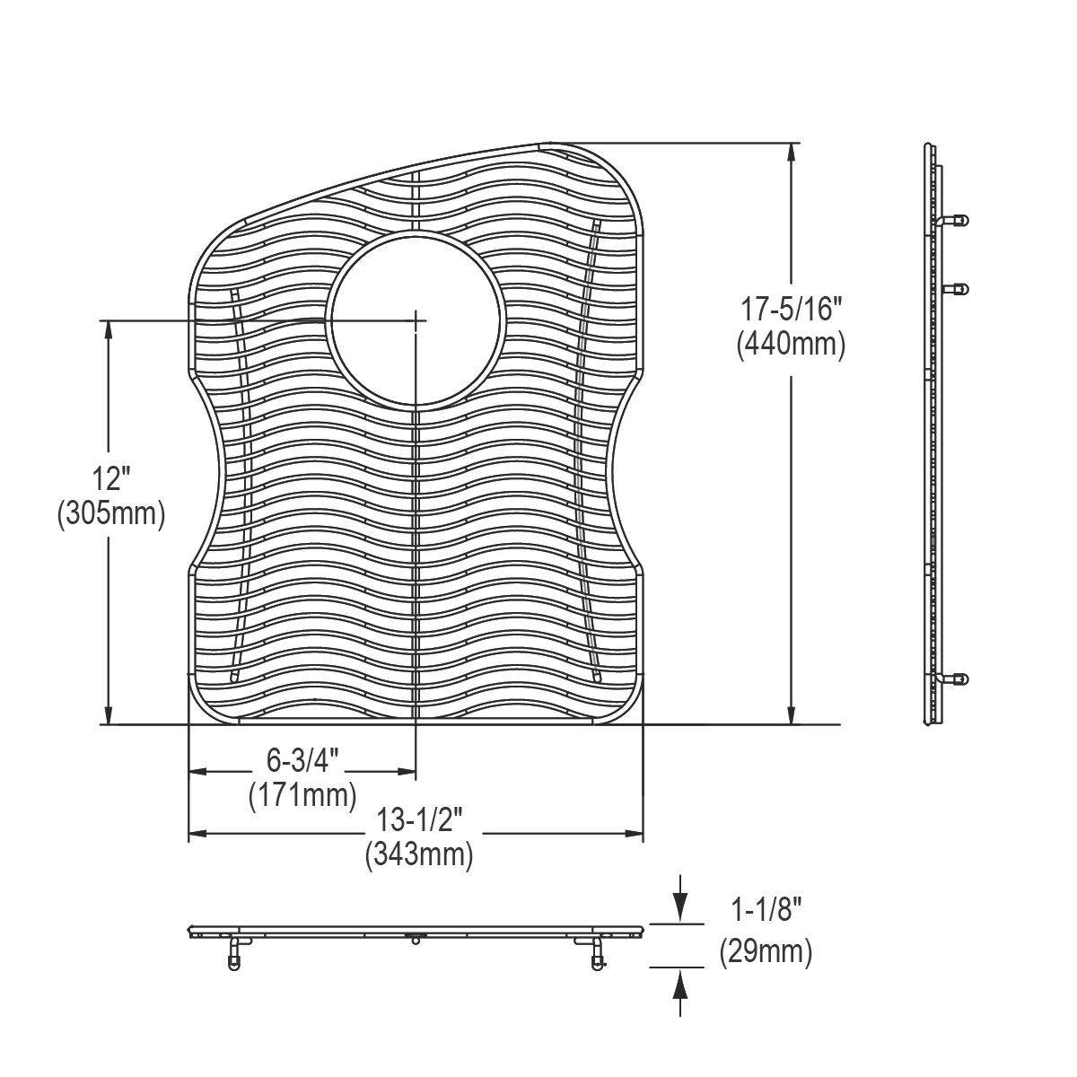 Stainless steel sink bottom grid with wavy parallel slats and center circular opening, shown in front, side, and bottom views