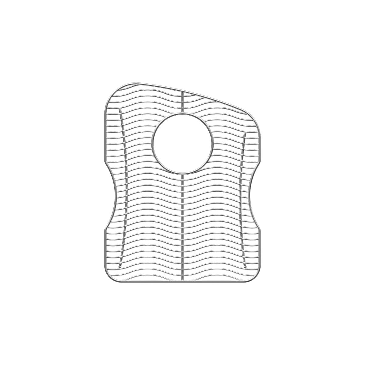 Stainless steel sink grid with wavy parallel wires and center drain hole cutout.