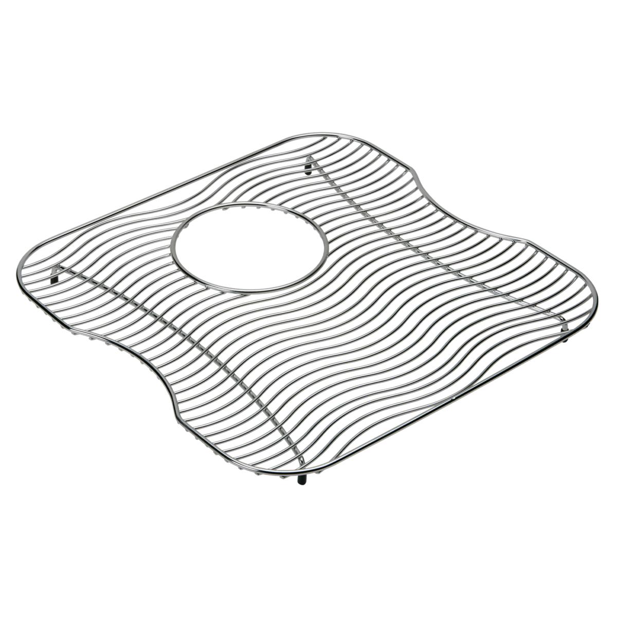 Stainless steel sink grid with parallel wire lines and center drain opening for undermount sink bowl.