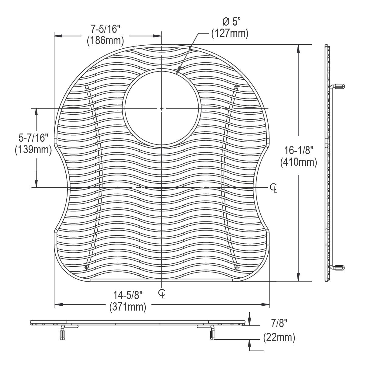 Stainless steel bottom grid with wavy parallel lines and center circular opening, 14-5/8" x 16-1/8".