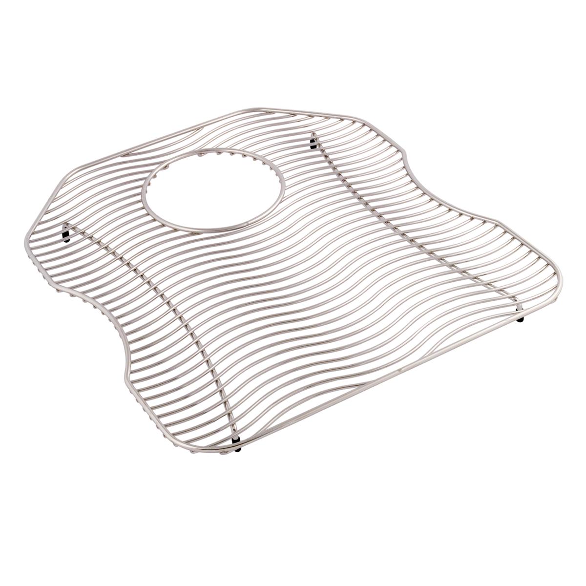 Stainless steel bottom grid with parallel wire construction, center drain opening, and four corner mounting feet.
